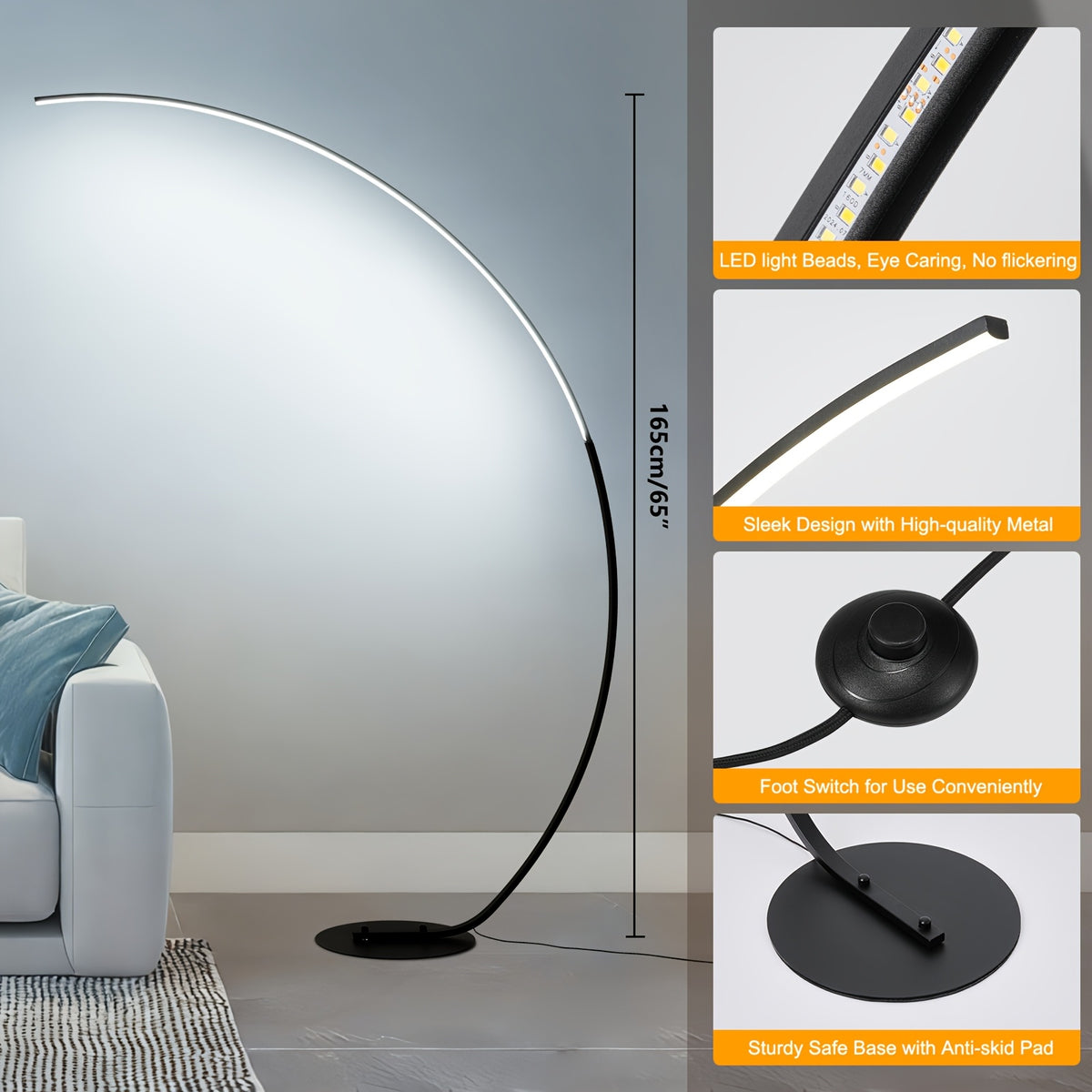Lampadaire arc LED 25 W noir à minuterie et mémoire, 165 cm