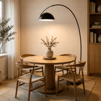 Lampadaire arc noir mat, dôme métal Ø 30 cm et portée réglable