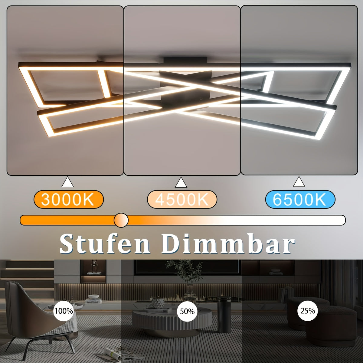 Plafonnier LED rectangulaire 75 cm à cadres croisés noirs, 45 W