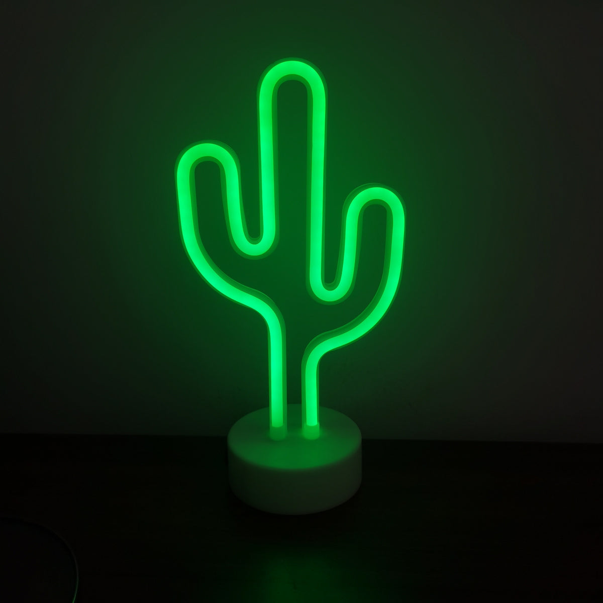 Néon LED cactus vert sur socle blanc, à piles ou USB, 14 x 20 cm