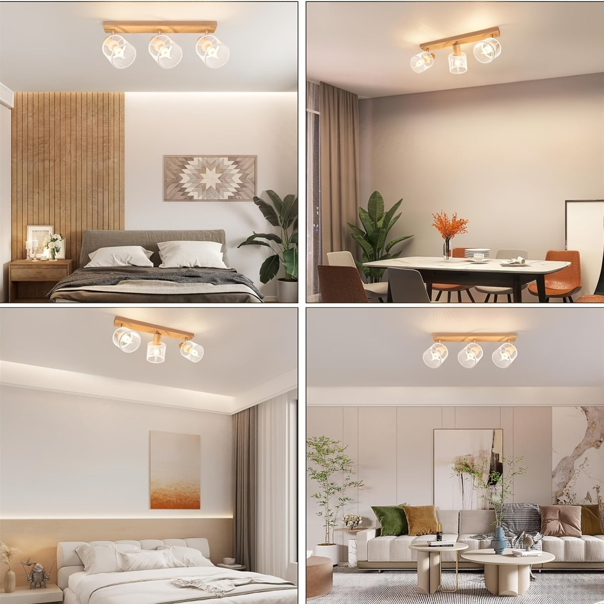Plafonnier barre effet bois à 3 ou 4 spots grillagés blancs, E14