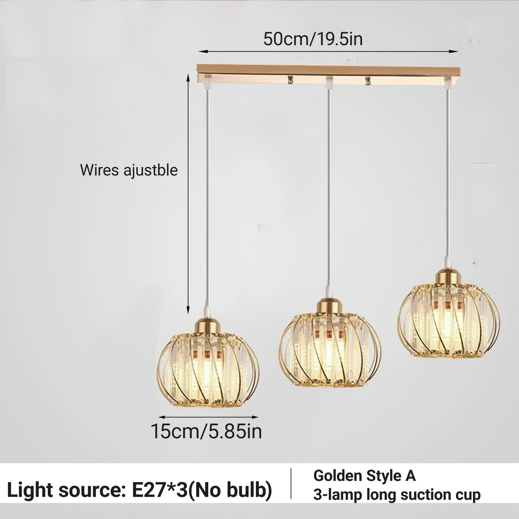 Lustre 3 globes en cristal et cage en métal, noir ou doré, E27