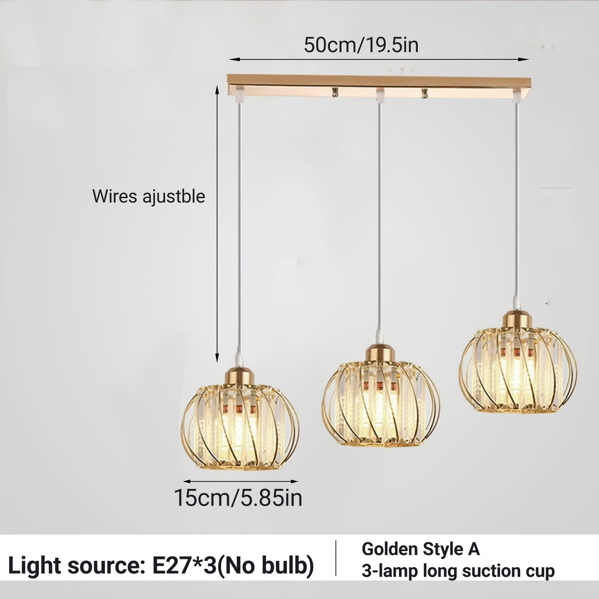 Lustre 3 globes en cristal et cage en métal, noir ou doré, E27