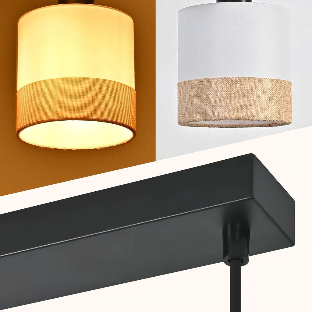 Suspension 3 abat-jour en tissu blanc sur barre noire de 58 cm