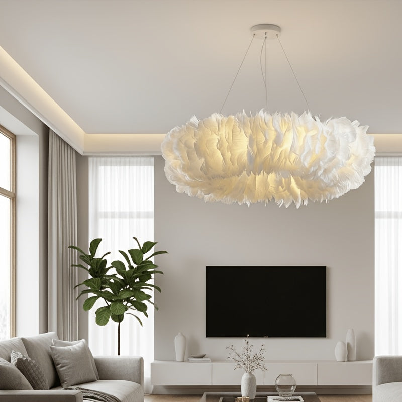 Abat-jour anneau en plumes blanches pour suspension, Ø 51cm