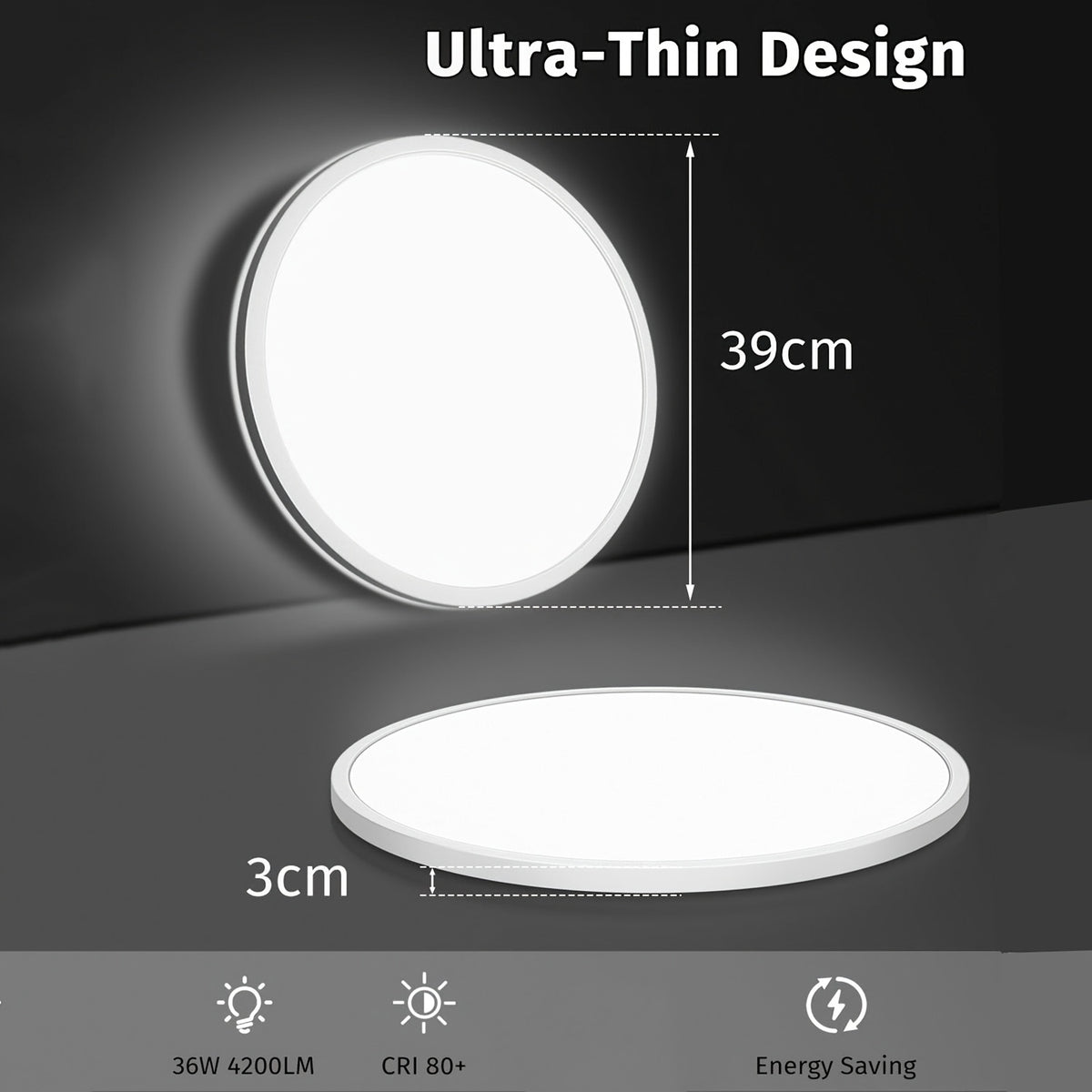 Plafonnier LED rond extra-plat Ø 39 cm, veilleuse ambrée, télécommande