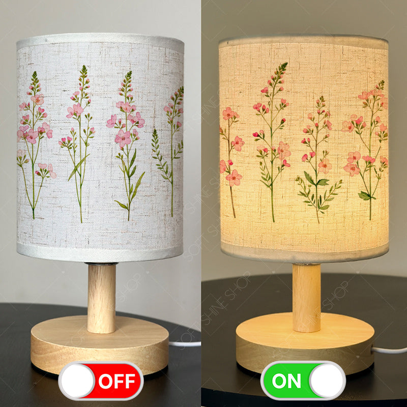 Lampe de chevet USB à abat-jour fleuri et pied effet bois clair