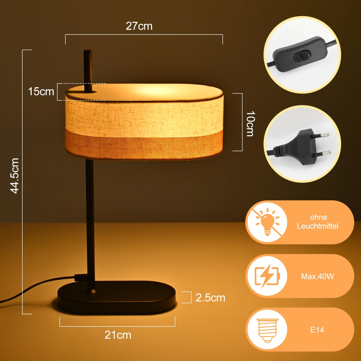 Lampe de chevet noire, abat-jour ovale en tissu bicolore, culot E14