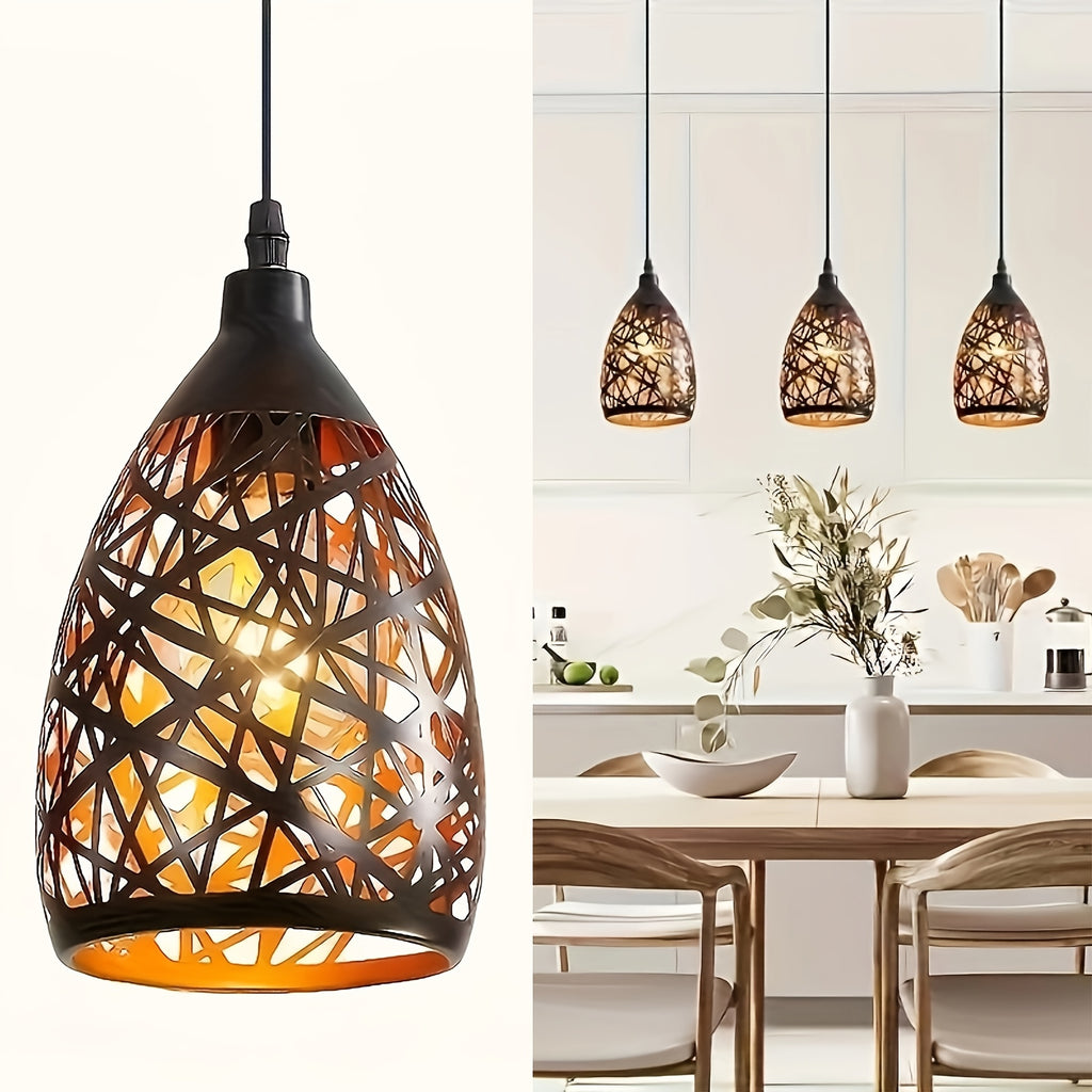 Suspension cloche en métal noir ajouré motif nid, intérieur cuivré