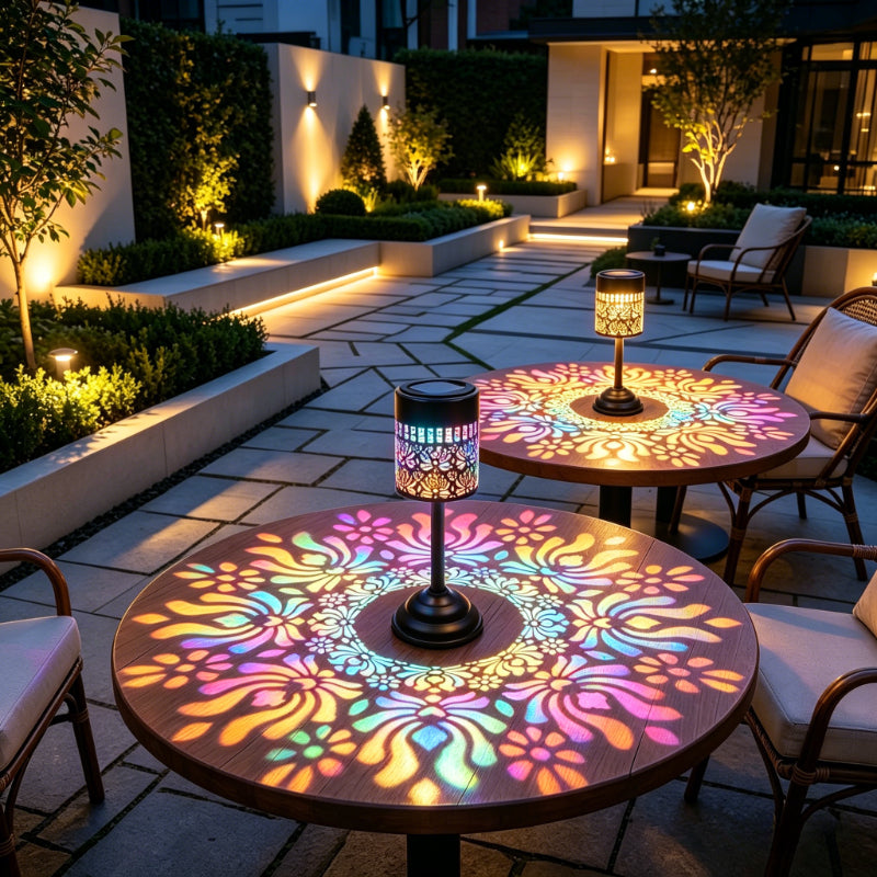Lampe de table solaire pivoine en métal noir, projection colorée