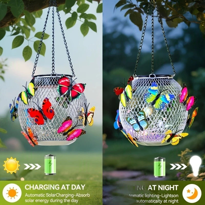 Lot de 2 lanternes solaires boules à papillons, à suspendre, IP65