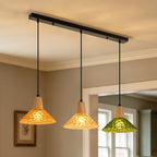 Suspension 3 cônes en verre alvéolé ambre et vert, barre de 70 cm