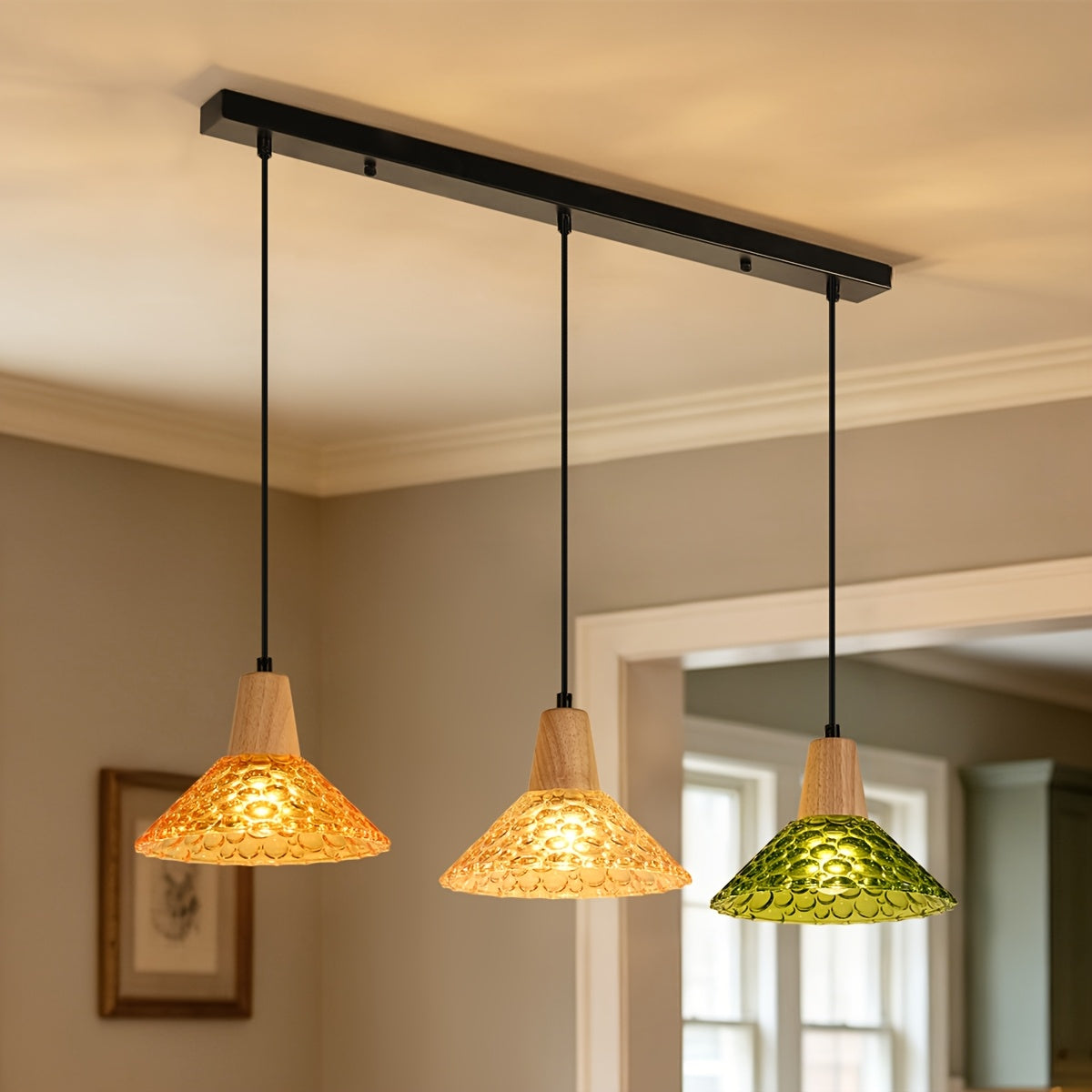 Suspension 3 cônes en verre alvéolé ambre et vert, barre de 70 cm