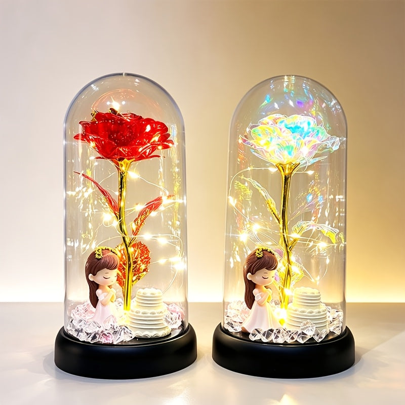 Lampe décorative rose sous cloche, guirlande LED et figurine