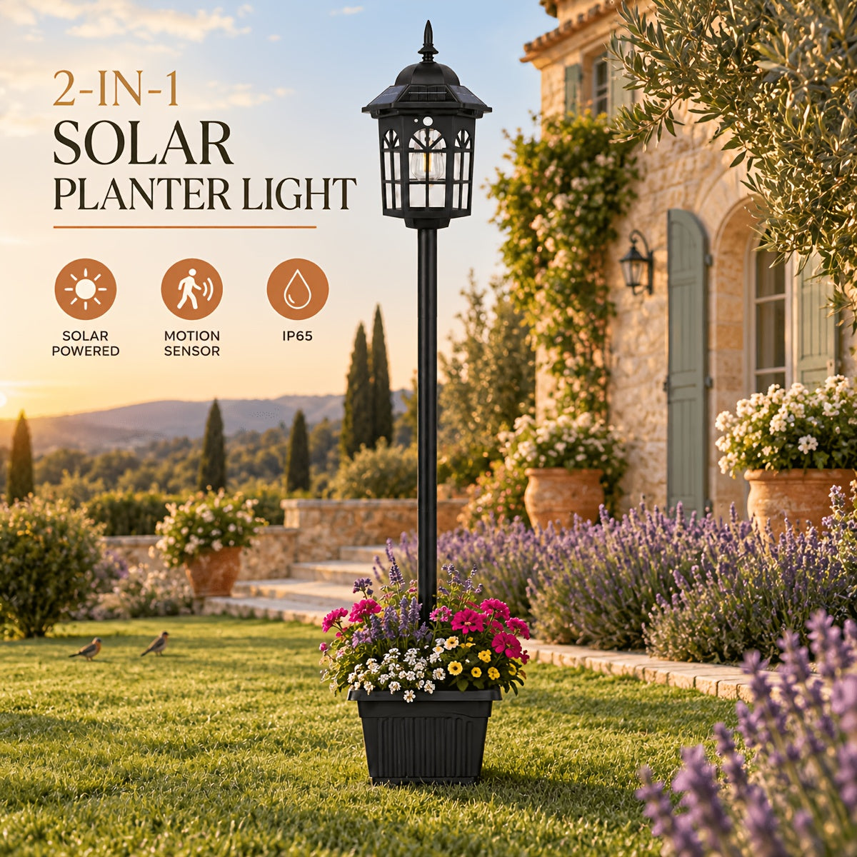 Lampadaire solaire de jardin à lanterne carrée et jardinière