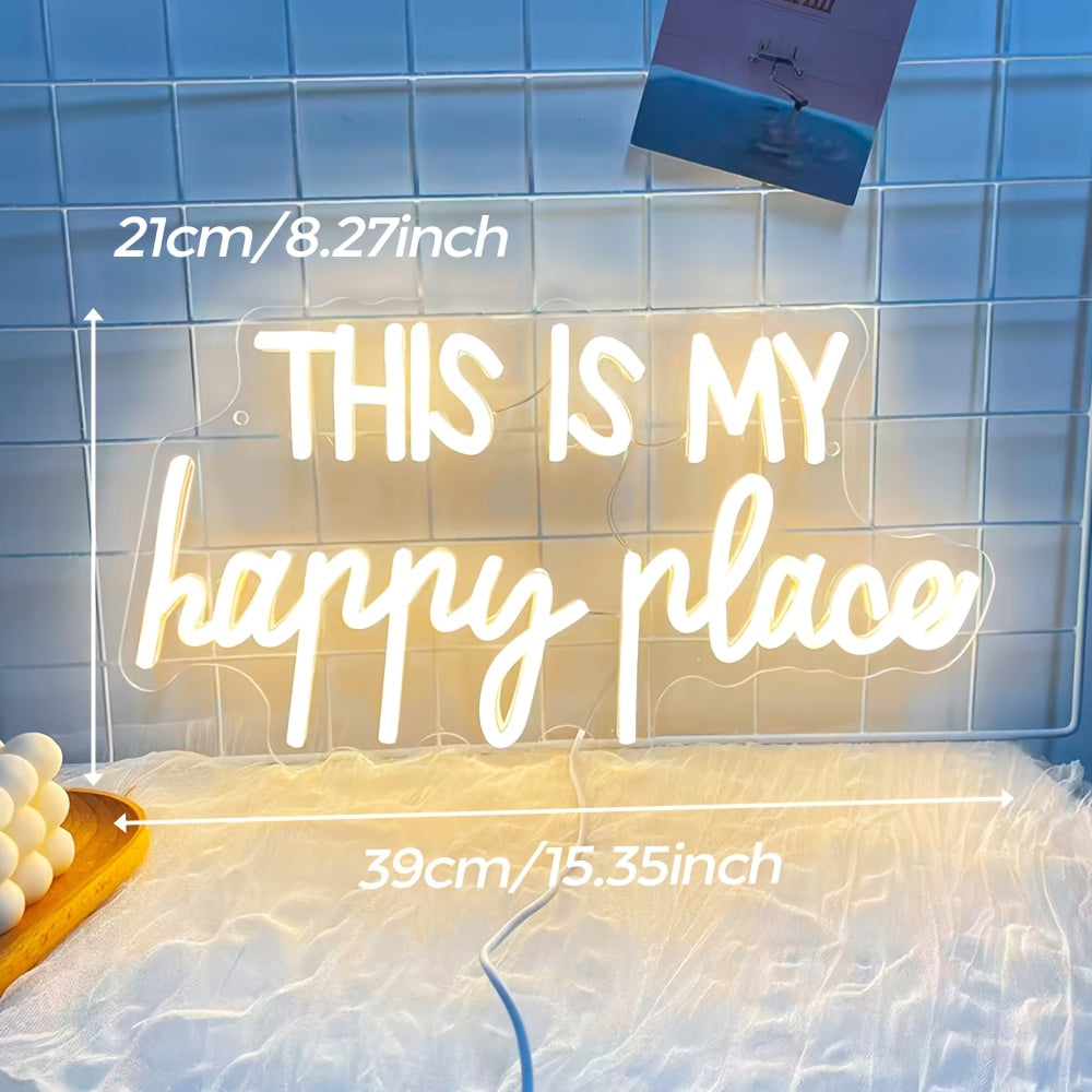 Enseigne néon LED « This is my happy place » blanc chaud, 39 cm