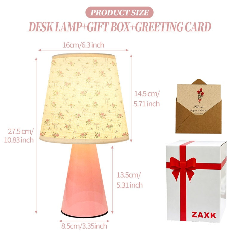 Lampe de chevet rose en lin à roses pastel et nœuds, coffret cadeau