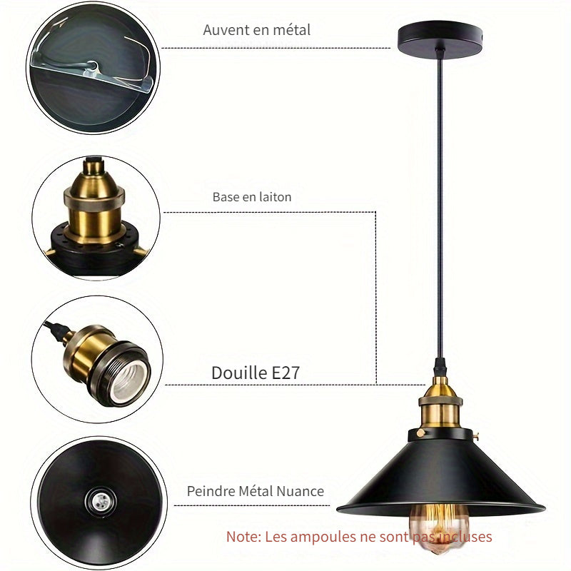 Suspension industrielle conique en métal noir, Ø 22 ou 26 cm