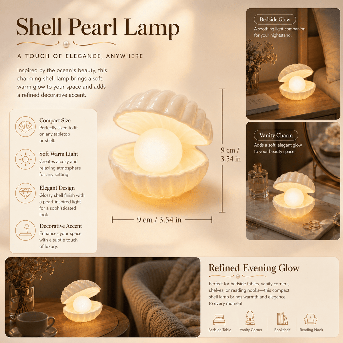 Veilleuse coquillage et perle à piles, lampe de chevet blanc chaud