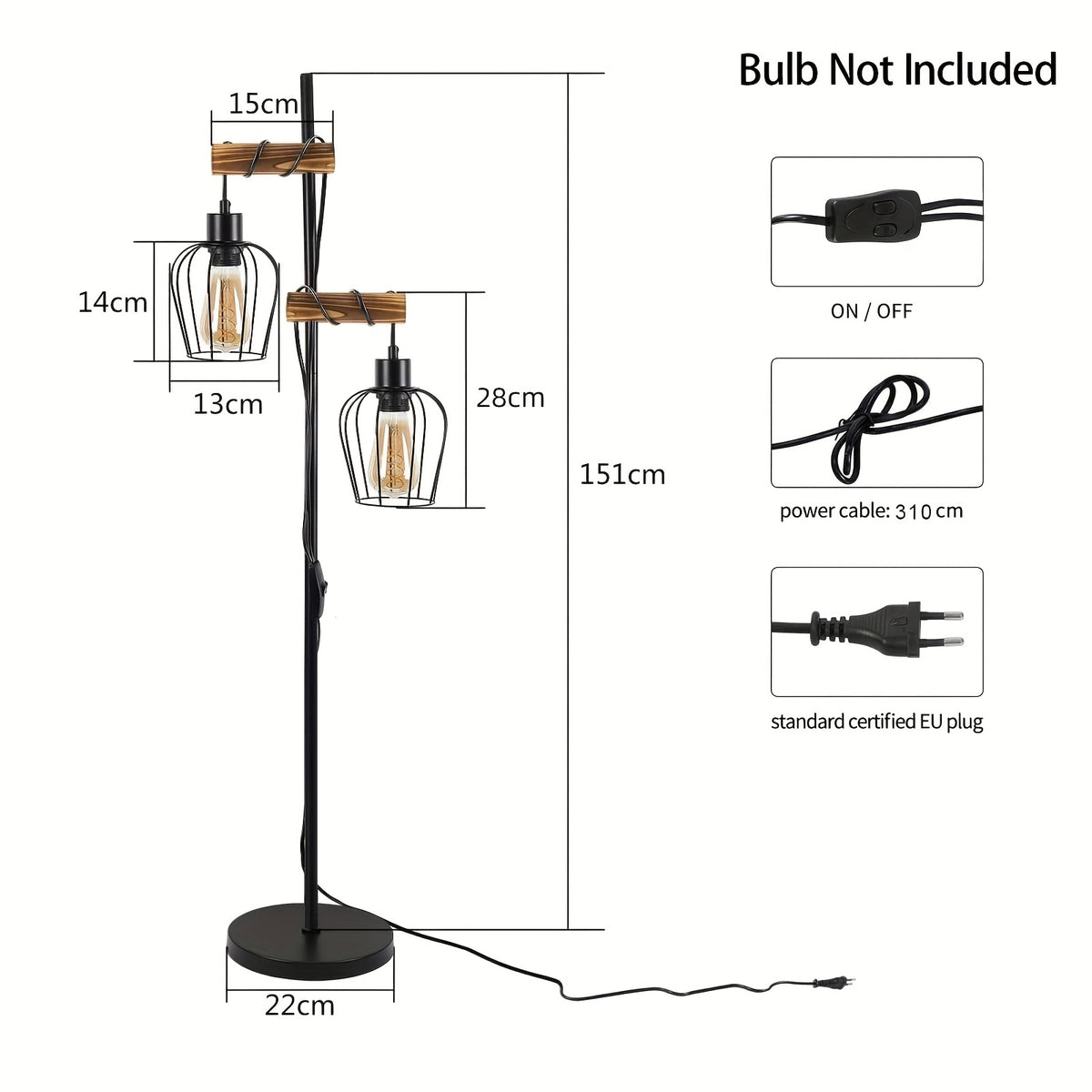 Lampadaire industriel à une cage métal et bras en bois, 151 cm