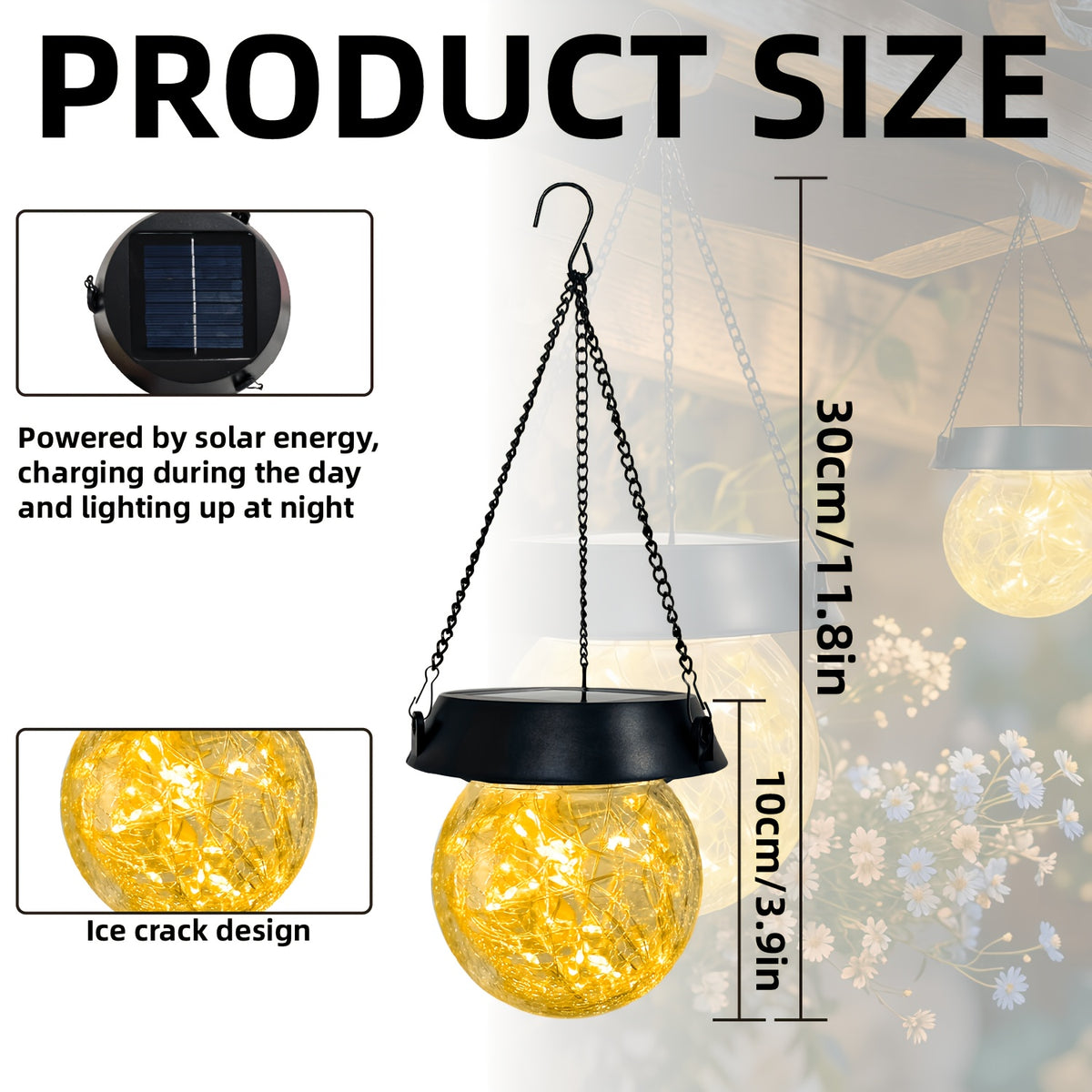 Suspension solaire boule craquelée à micro-LED et 8 jeux de lumière
