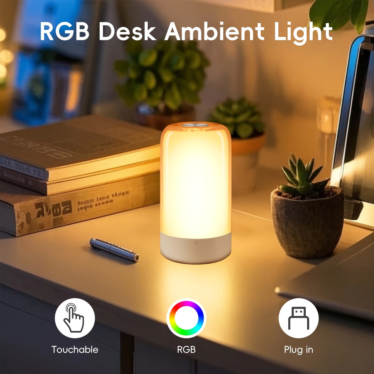 Lampe de chevet tactile RVB cylindrique, lumière d'ambiance USB
