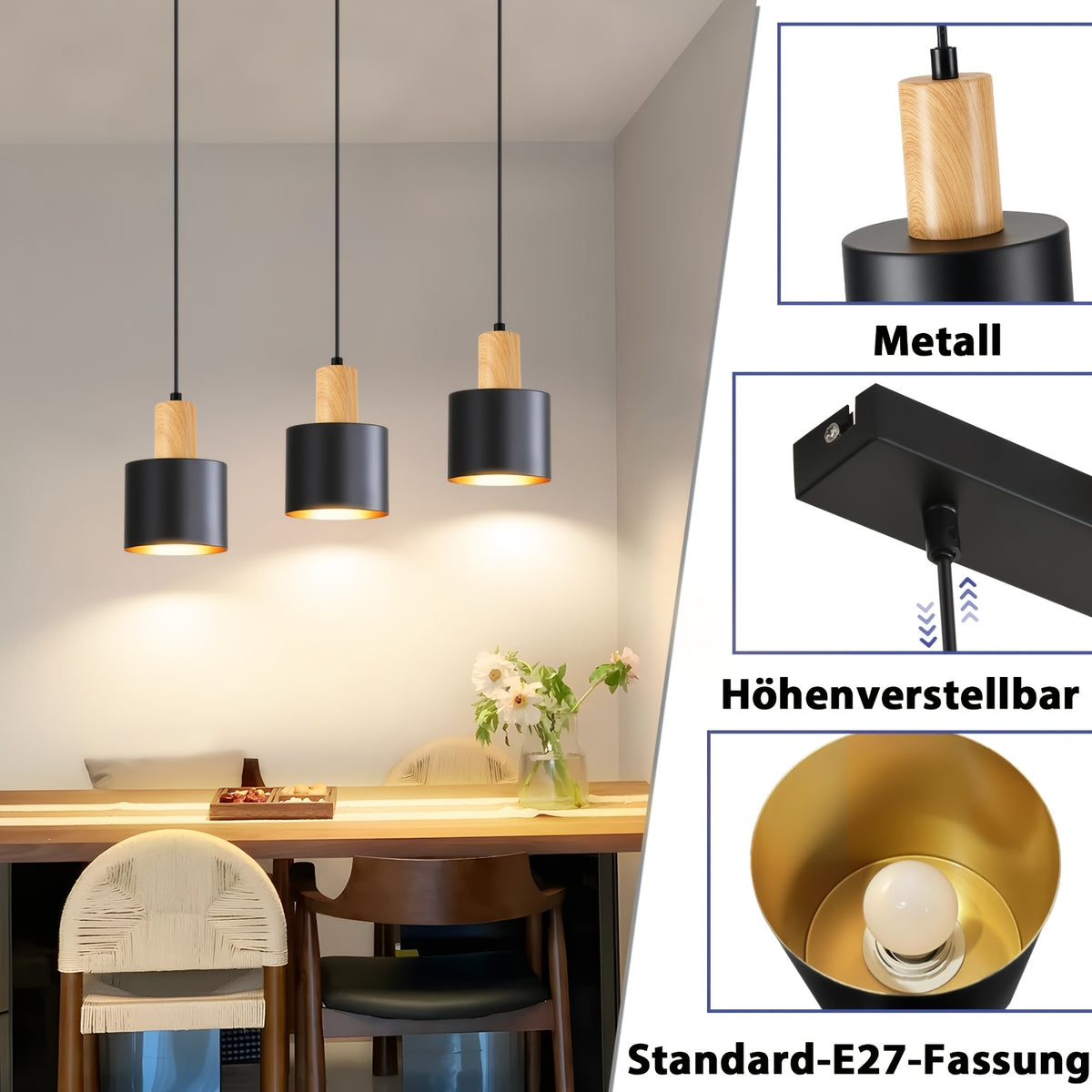 Suspension 3 cylindres noirs sur barre de 40 cm, intérieur doré