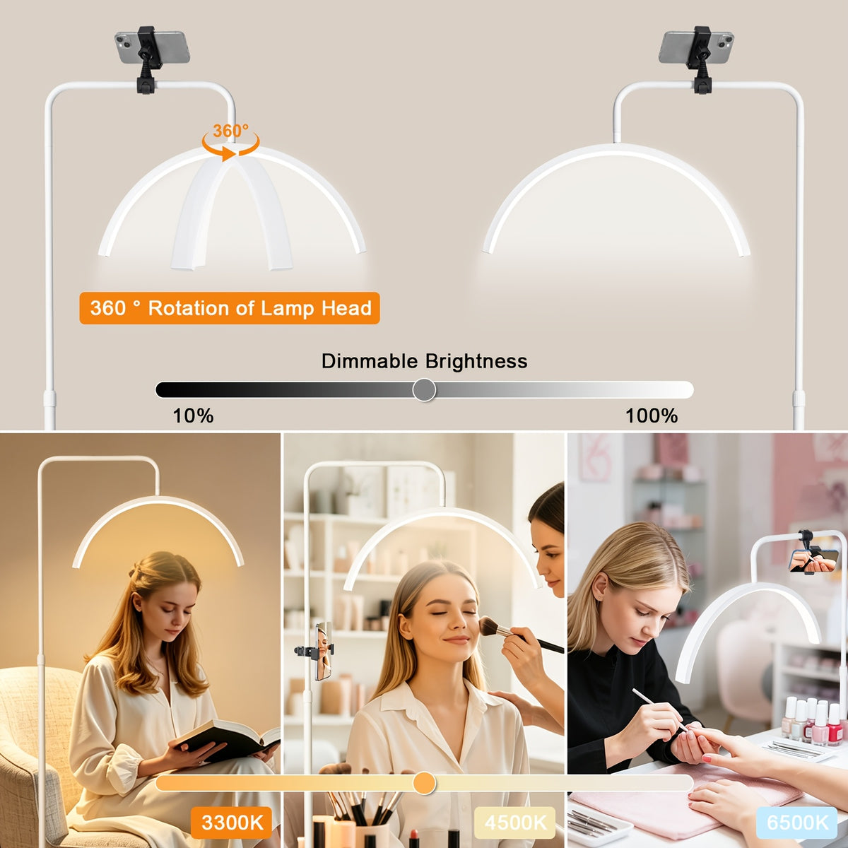 Lampadaire LED demi-lune pivotant, 3 teintes, blanc ou noir