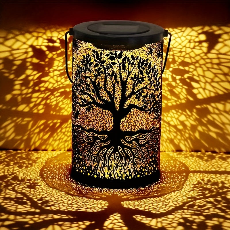 Lanterne solaire cylindre en métal ajouré, motif arbre de vie