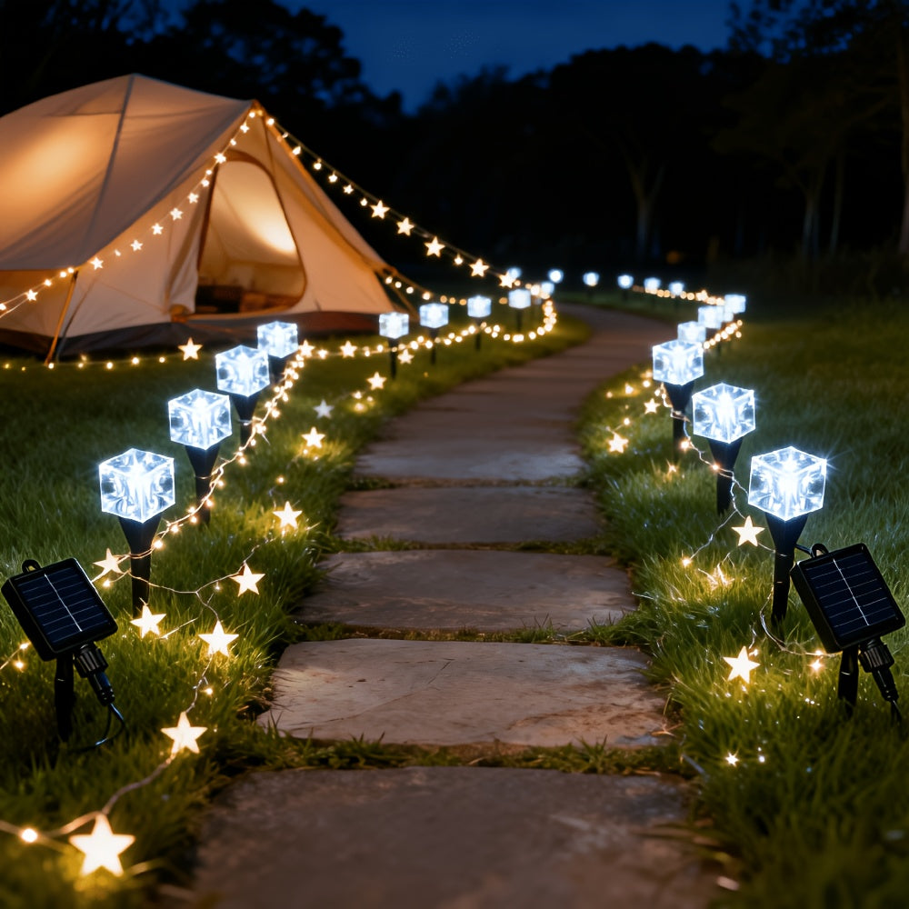 Guirlande solaire cubes effet glaçon sur piquets, 20 ou 30 LED