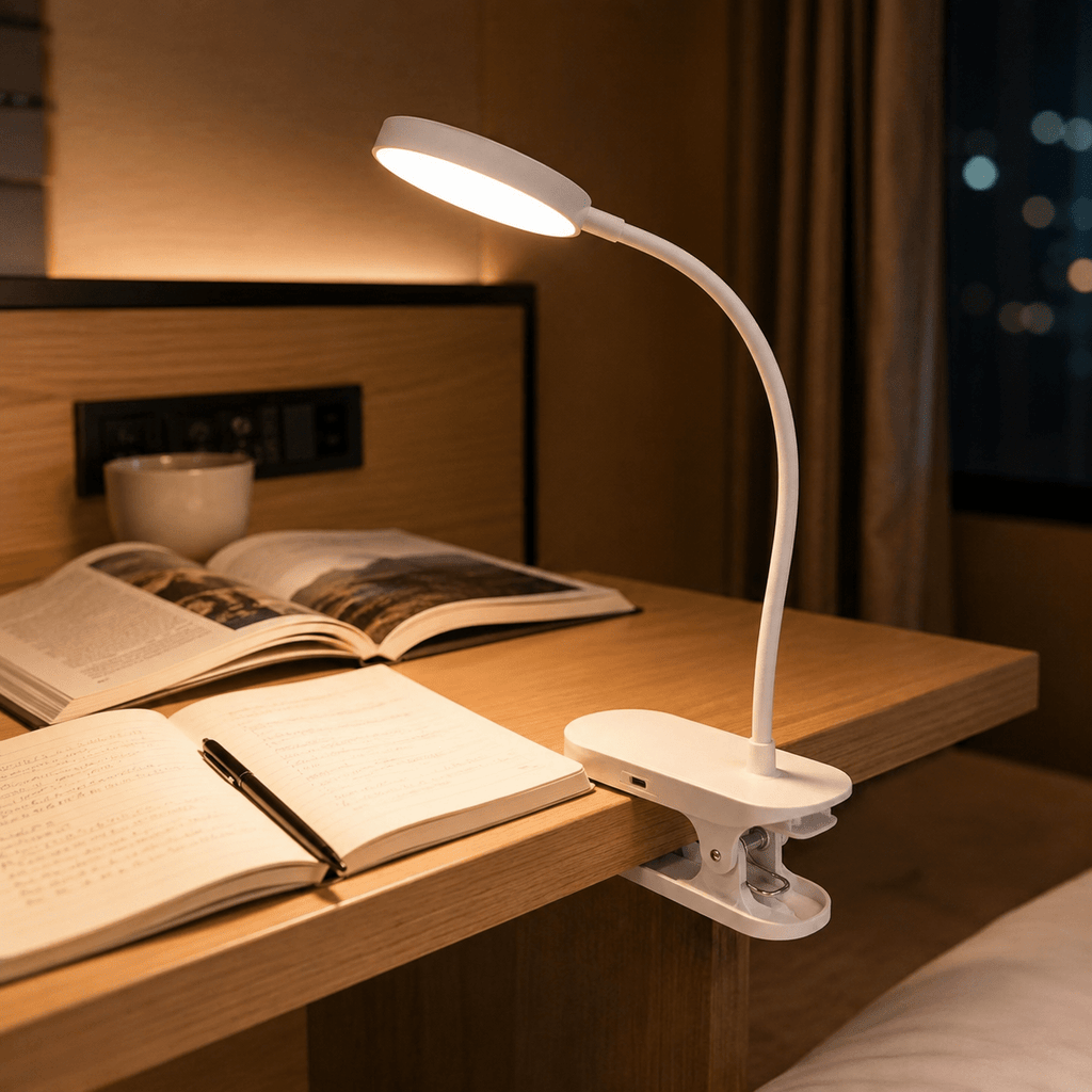 Lampe à pince à piles ou USB, tête ronde blanche de 8 cm