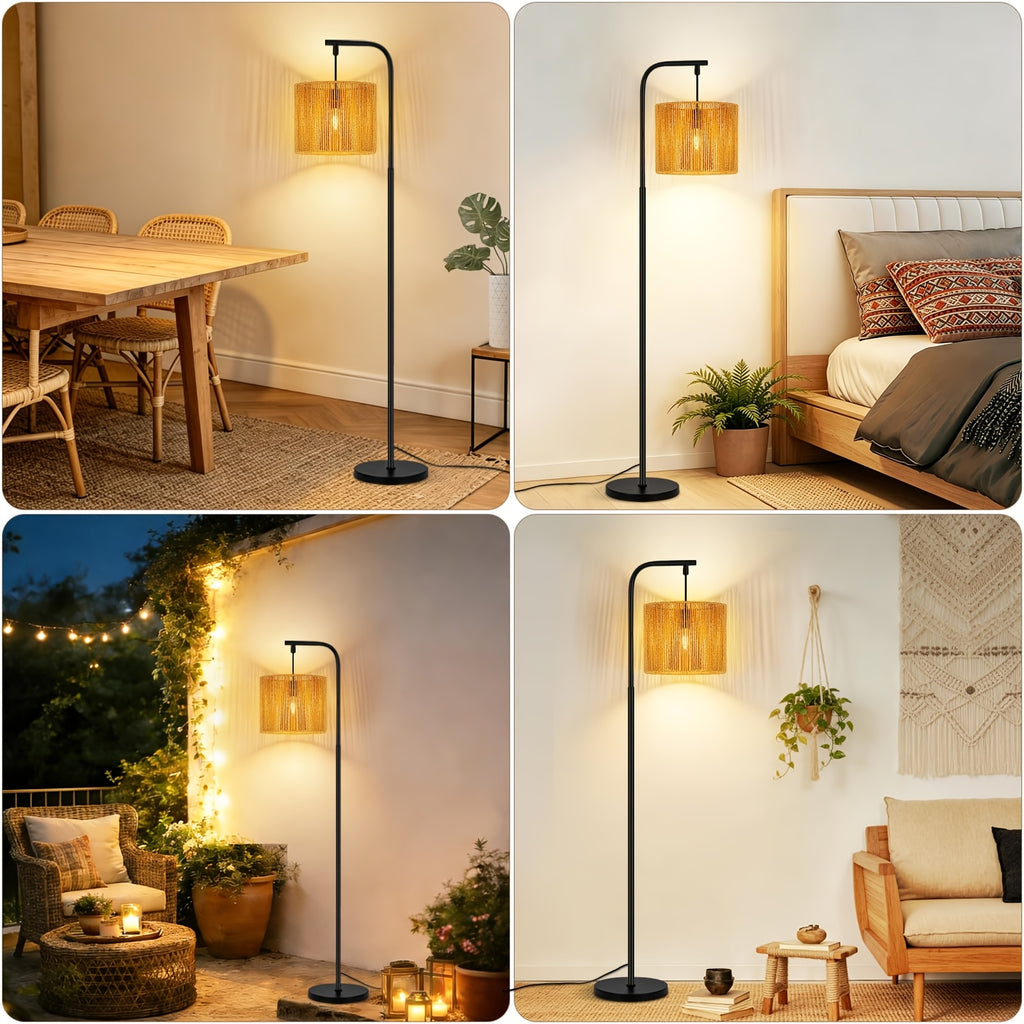Lampadaire en papier tressé, abat-jour cylindre sur crosse noire