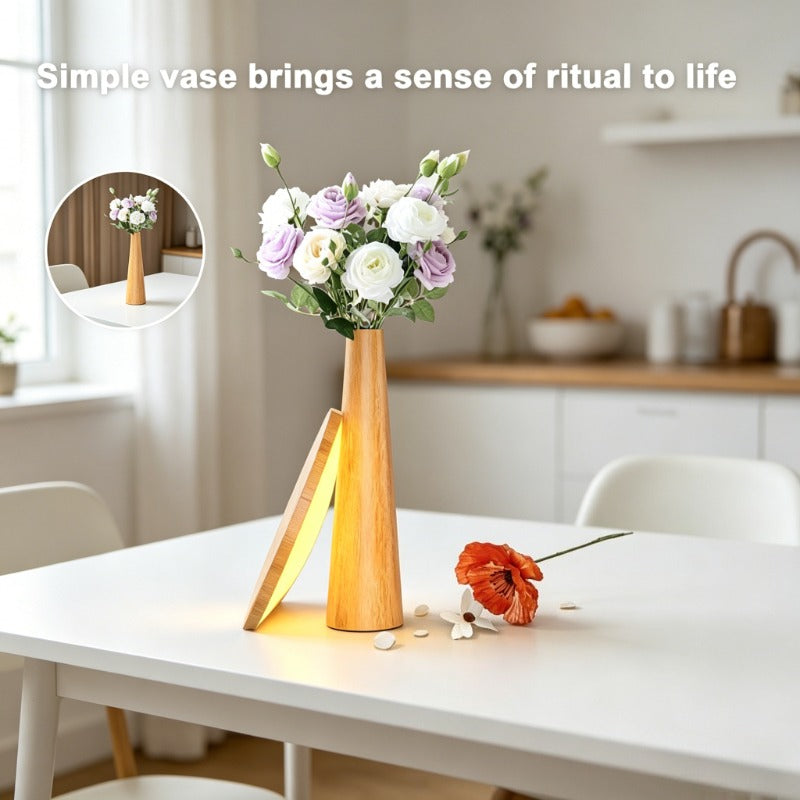 Lampe de chevet en bois à disque lumineux et soliflore intégré