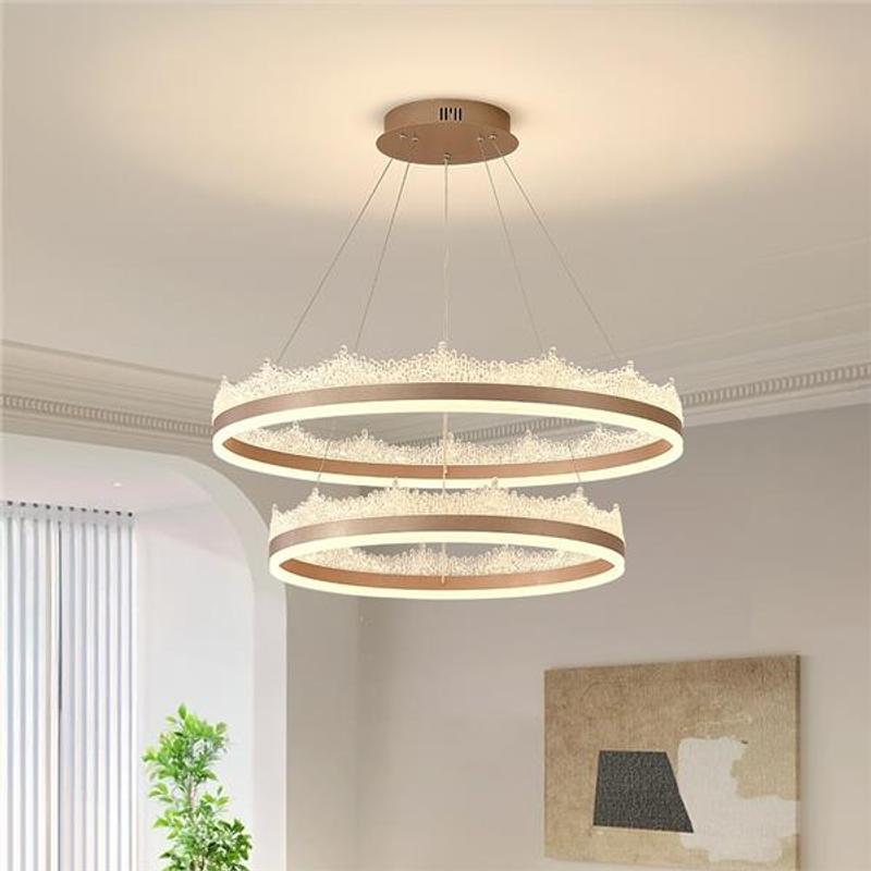 Lustre LED à deux anneaux dorés couronnés d'acrylique ciselé, 60 cm