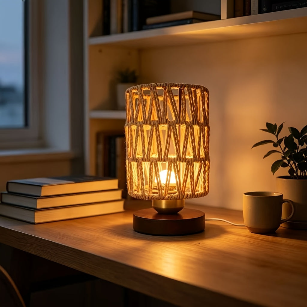 Lampe de chevet en corde tressée en zigzag, socle brun et variateur
