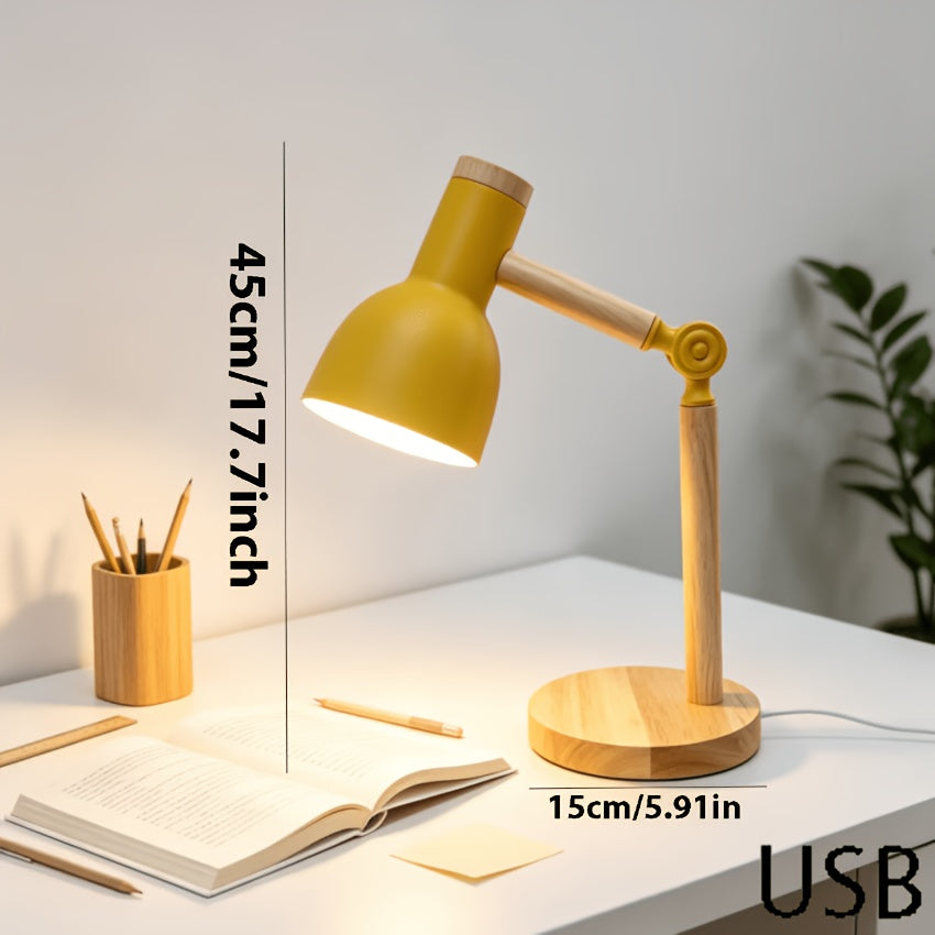 Lampe de chevet articulée jaune moutarde et bois, alimentation USB