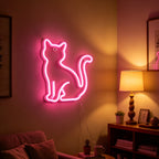 Néon LED chat assis à accrocher, rose ou blanc, piles ou USB