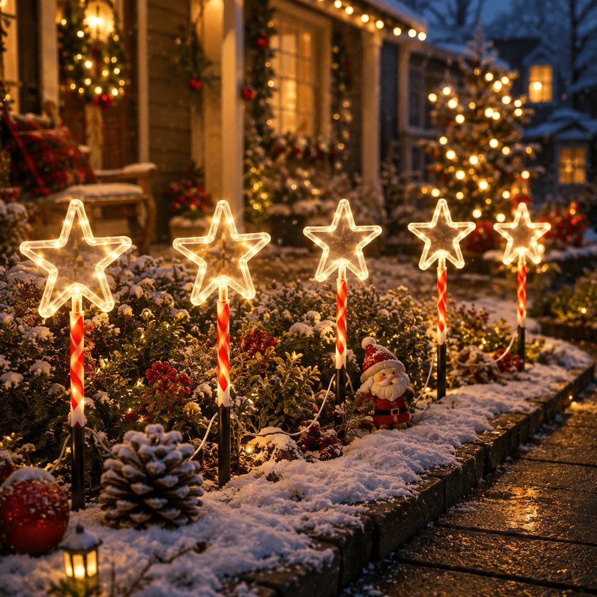 Guirlande solaire de Noël à 5 étoiles sur piquets sucre d'orge