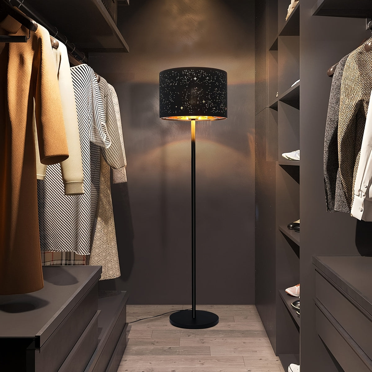 Lampadaire à abat-jour ciel étoilé noir et doré, 144 cm