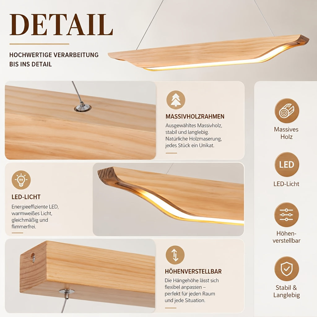 Suspension LED linéaire en bois clair aux bords relevés, 90 cm
