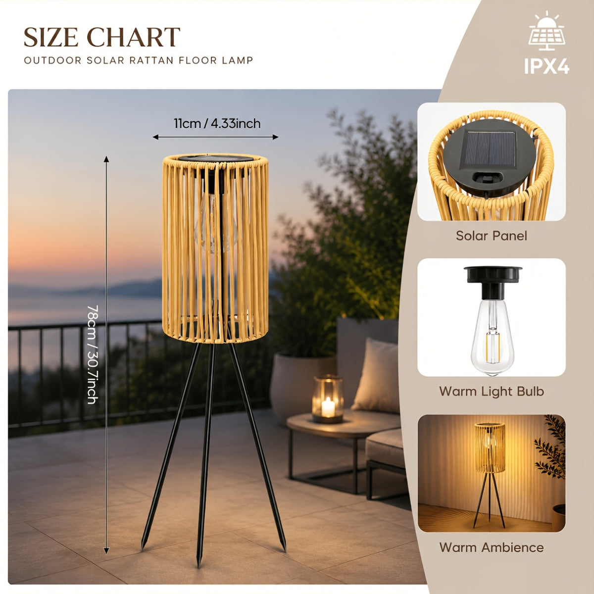 Lampadaire solaire d'extérieur sur trépied, lanterne tressée 78 cm