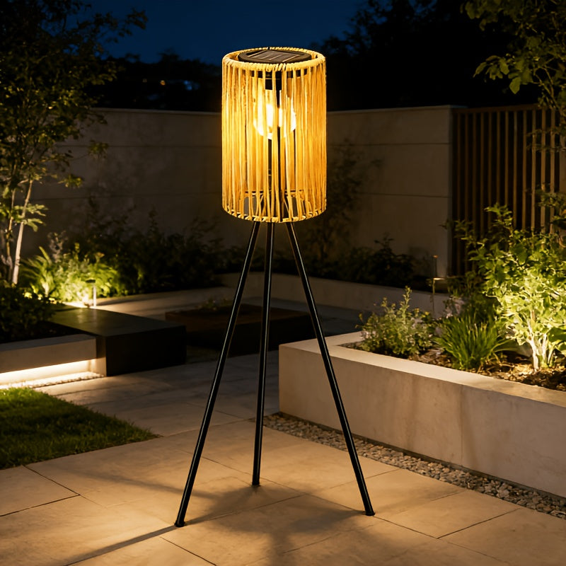 Lampadaire solaire d'extérieur sur trépied, lanterne tressée 78 cm
