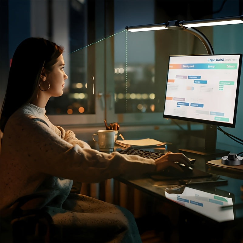Lampe de bureau à pince double barre noire, interrupteur sur câble