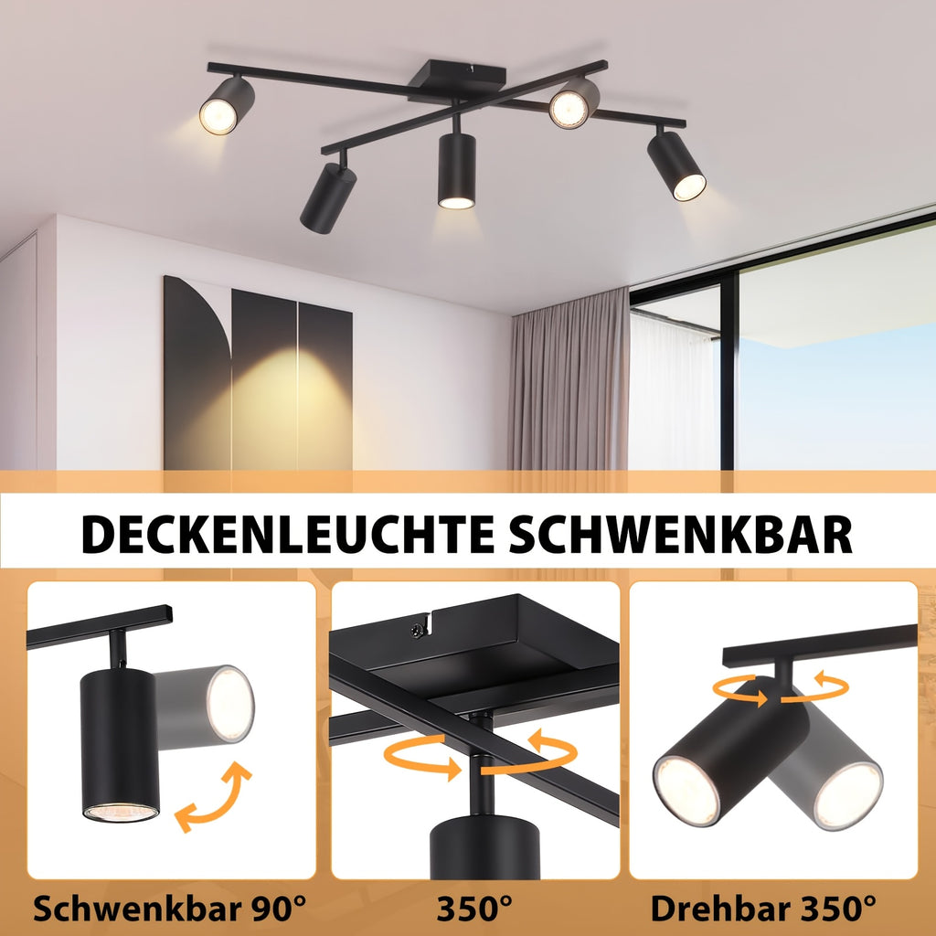Plafonnier 5 spots GU10 orientables en croix, noir ou blanc, 77 cm