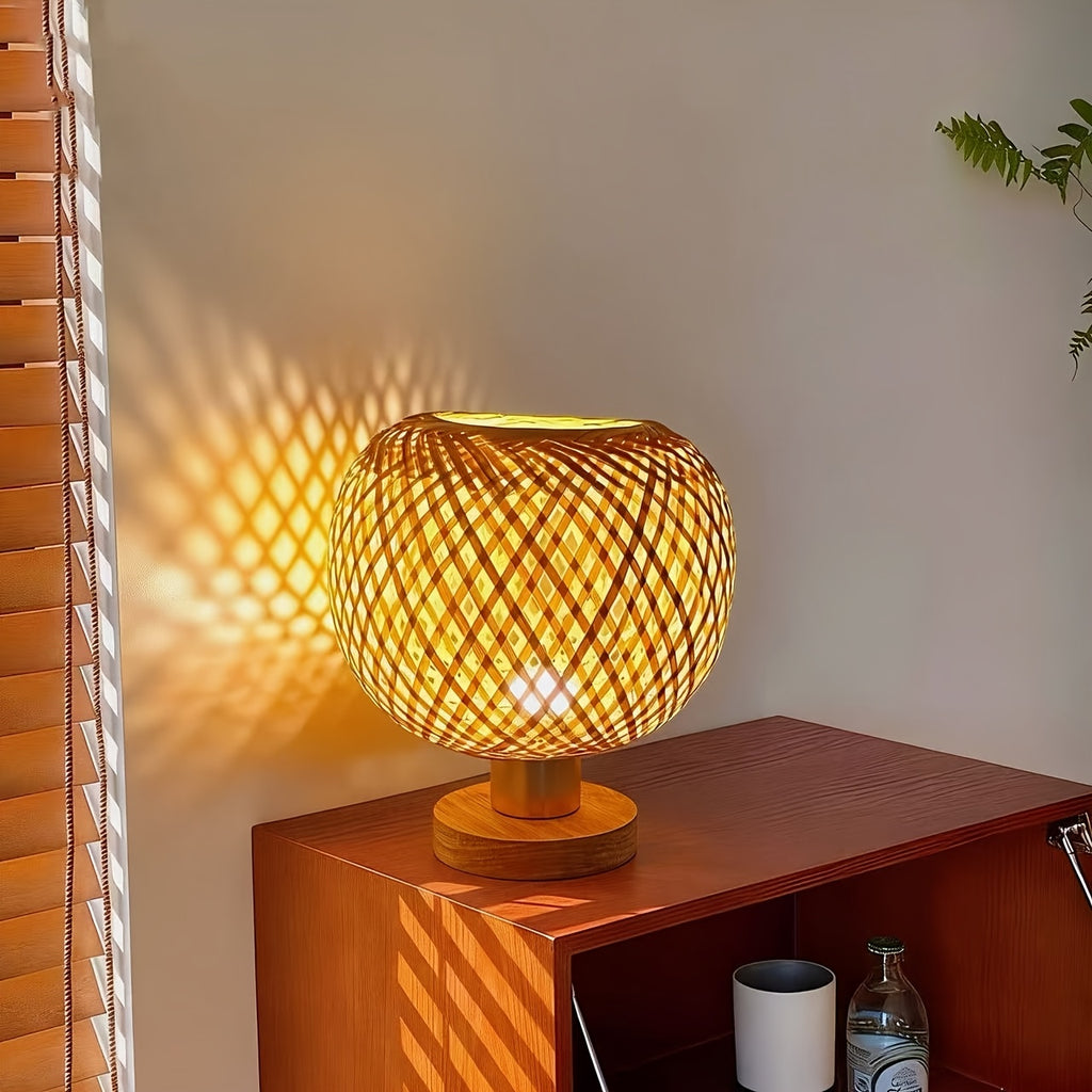 Lampe de chevet boule en bambou tressé croisé, 22 cm, câble USB