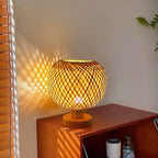 Lampe de chevet boule en bambou tressé croisé, 22 cm, câble USB