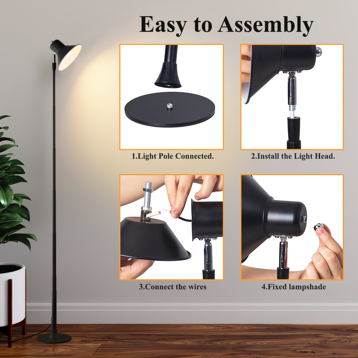 Lampadaire LED USB noir convertible en lampe de chevet, 45 à 145 cm