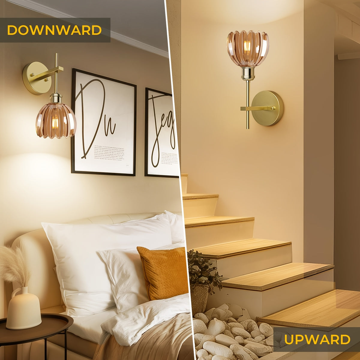 Applique murale dorée à tulipe de verre côtelé, pose réversible