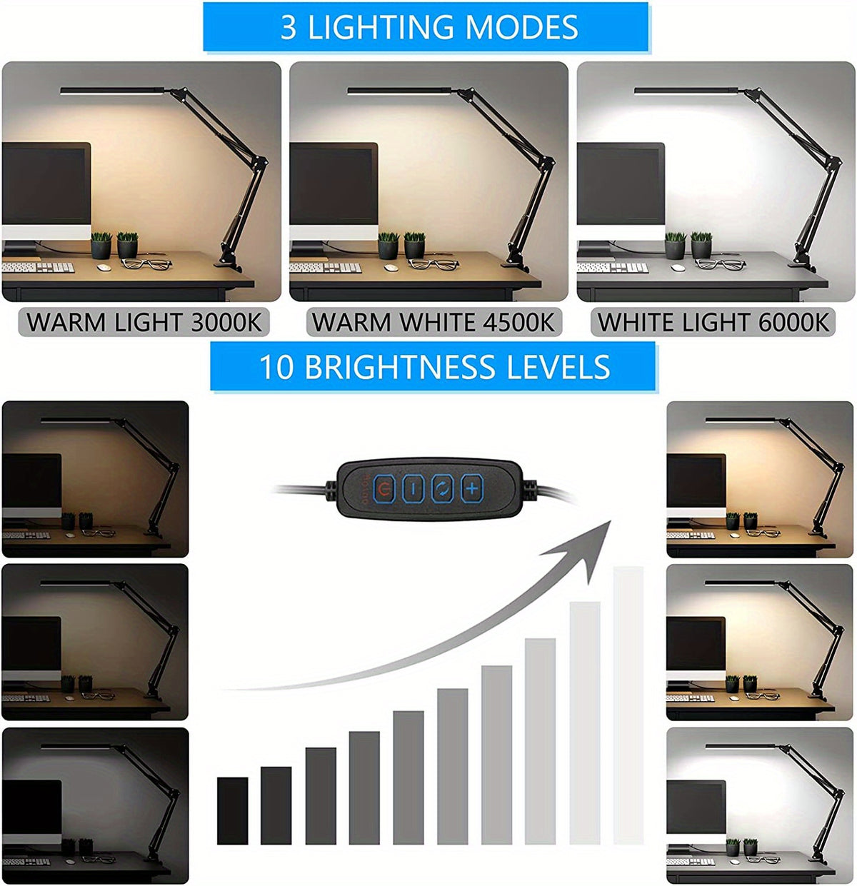 Lampe de bureau LED à pince, bras articulé noir et barre de 33 cm