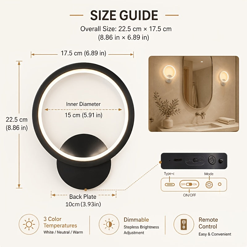 Applique murale anneau LED sans fil, télécommande et minuterie